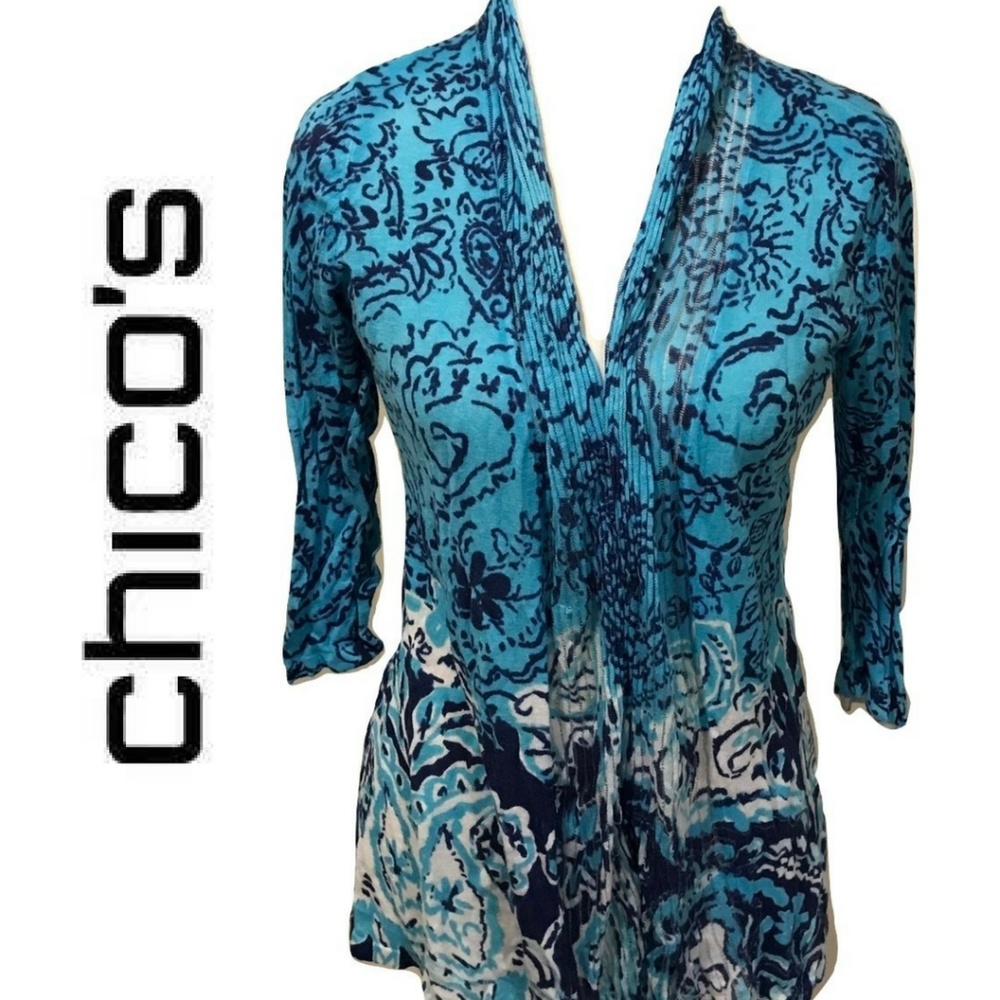 Chico's Blue Teal Patterned Open Cardigan